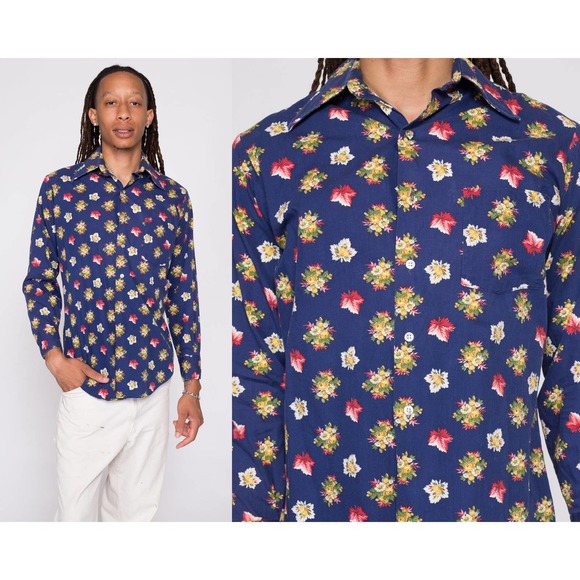 70s Blue Floral & Leaf Print Collared Shirt - Men's Medium | Retro Disco Top - Picture 1 of 8